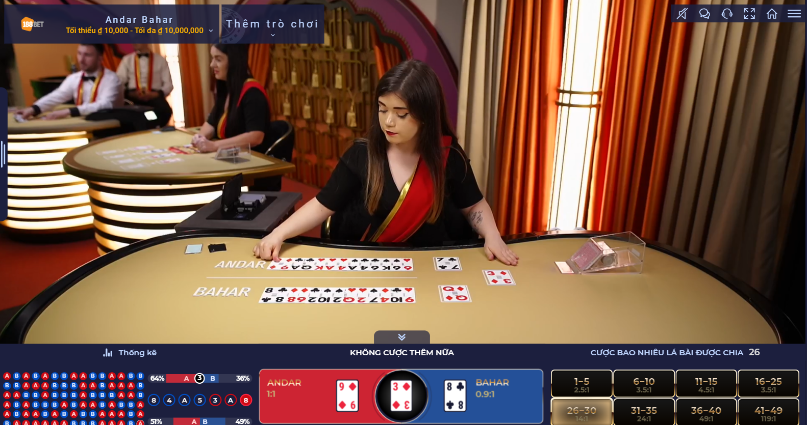 Giao diện trò chơi Andar Bahar tại sảnh Casino Live 188Bet